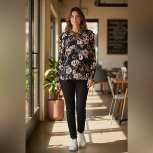 Doe & Rae Rayon Black Floral Blouse Size Large NWOT  Drape Romantic